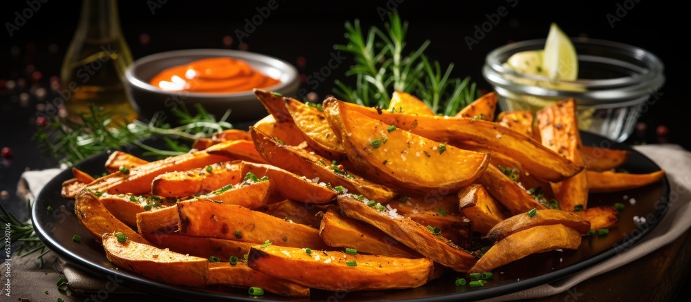 Homemade oven roasted sweet potato fries with o and ketchup