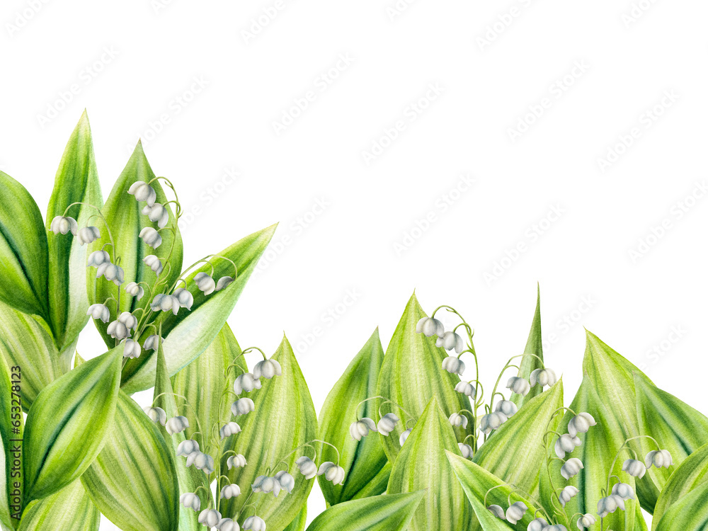 Watercolor set of bouquets of lilies of the valley flowers isolated on white background. Spring hand painted illustration. For designers, wedding, decoration, postcards, wrapping paper, scrapbooking