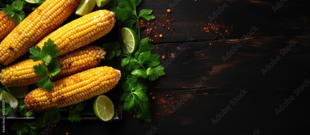 Grilled vegan sweetcorn with lime coriander and plate background