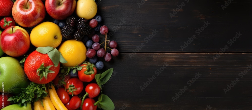 Fruits and vegetables in cardboard box on white wooden background Flat Lay Copy Space Food delivery