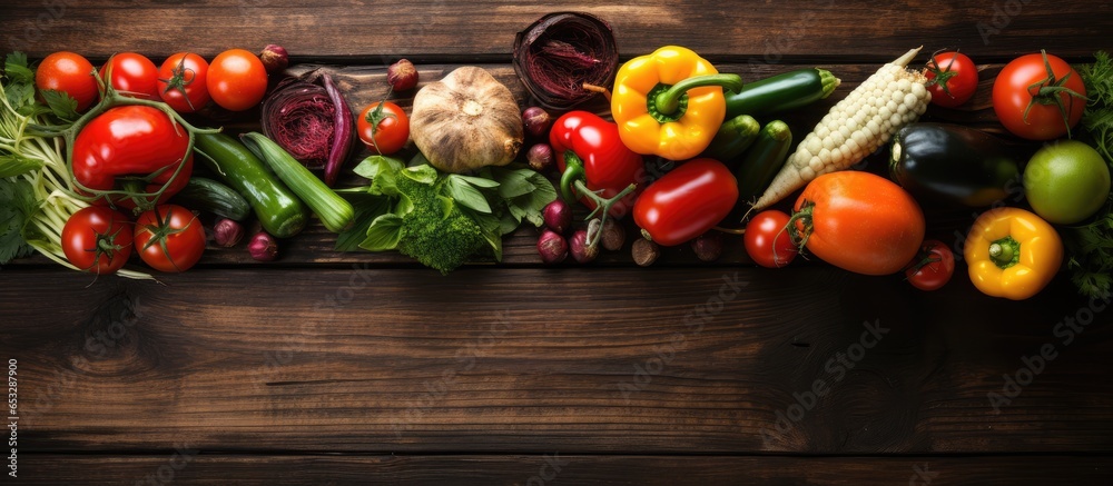 Fresh organic vegetables on rustic wood background Healthy food on table with space Cooking ingredients top view mockup for recipe or menu