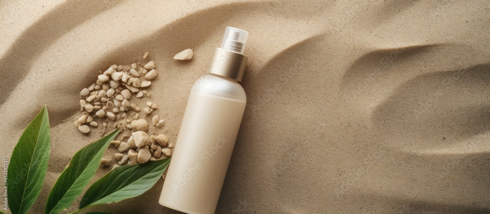 Natural concept Unbranded white plastic bottle mockup on sand texture with dried twig and green leaves