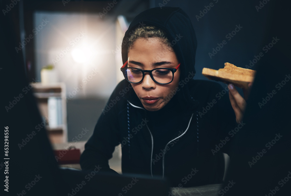 Toast, night and woman streaming online movie on service, website or app in a home to relax in a dark bedroom. Bread, evening and person eating food and on internet for show on the web in a house