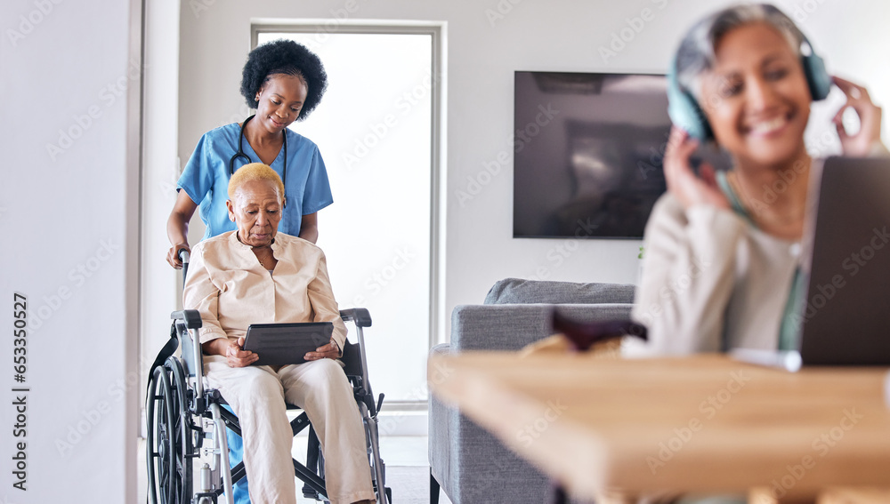 Tablet, wheelchair and assisted living caregiver with a patient in her retirement home for care. Technology, healthcare and black woman nurse helping a senior with a disability for medical support