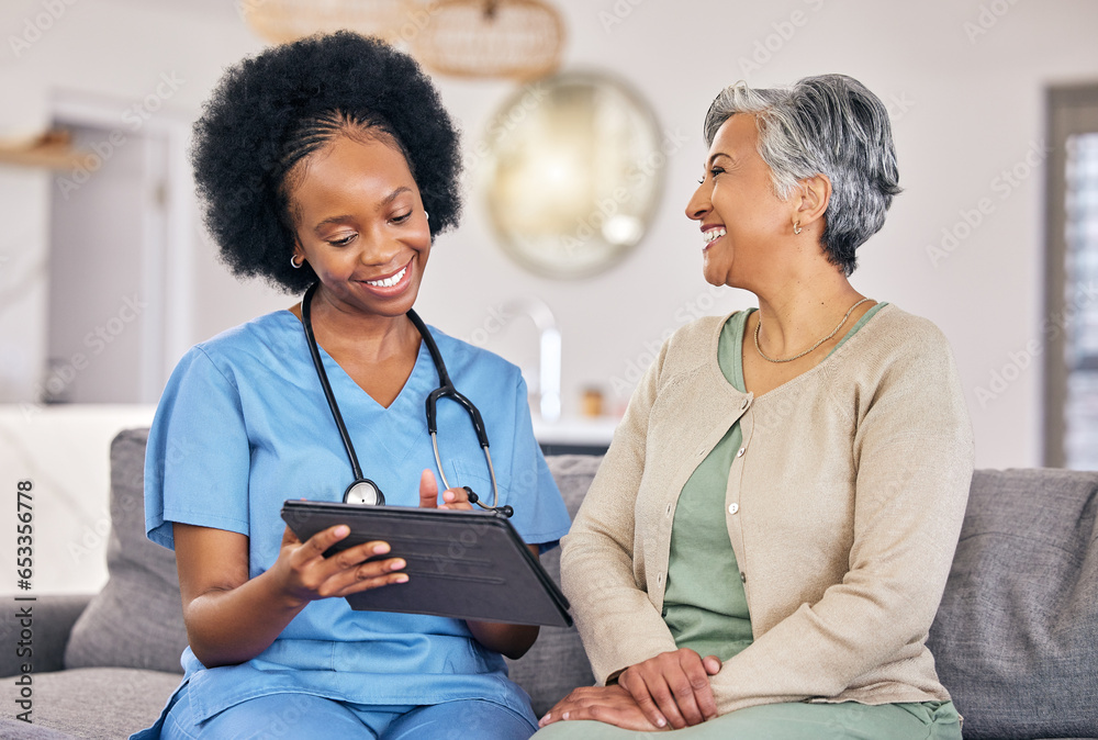 Doctor, senior woman and tablet for consulting, results and happy for good news on sofa in nursing home. Elderly person, African nurse or medic with digital touchscreen for smile, analysis and report