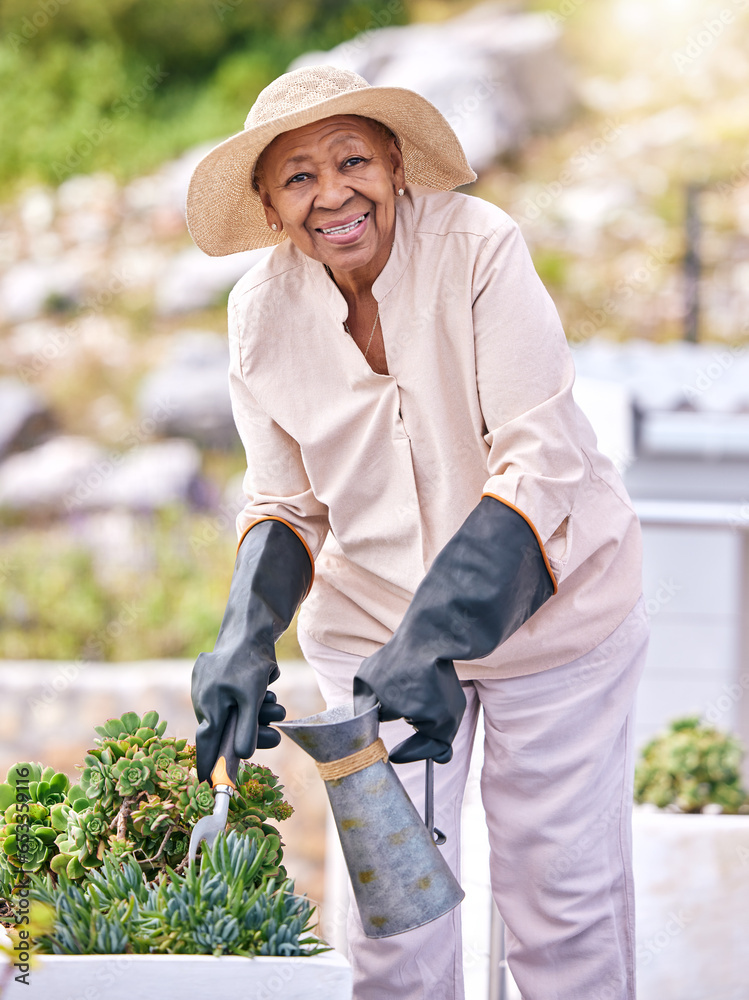 Water, plants and old woman gardening outdoor with aloe vera, flowers and happiness in backyard nature. Happy, senior or elderly farmer with care for agriculture in retirement or sustainable greenery