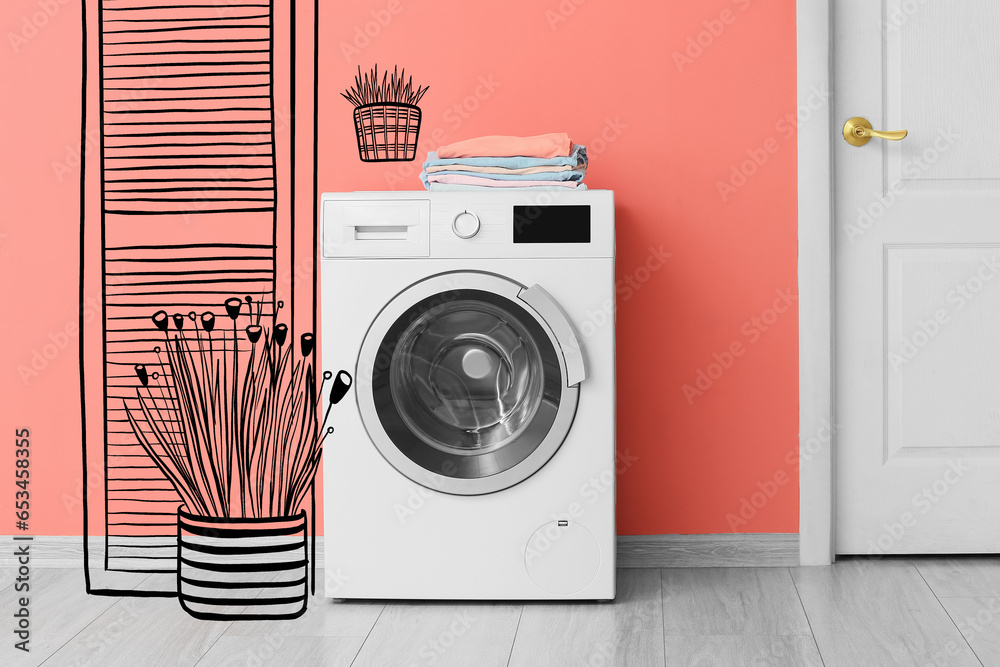 Modern washing machine in new interior of laundry