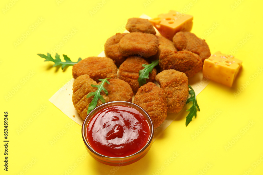 Heap of tasty nuggets with ketchup on yellow background