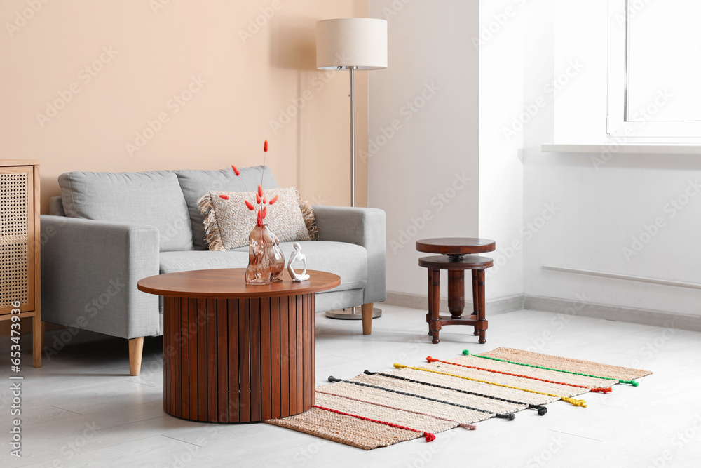 Interior of living room with grey sofa and stylish rug