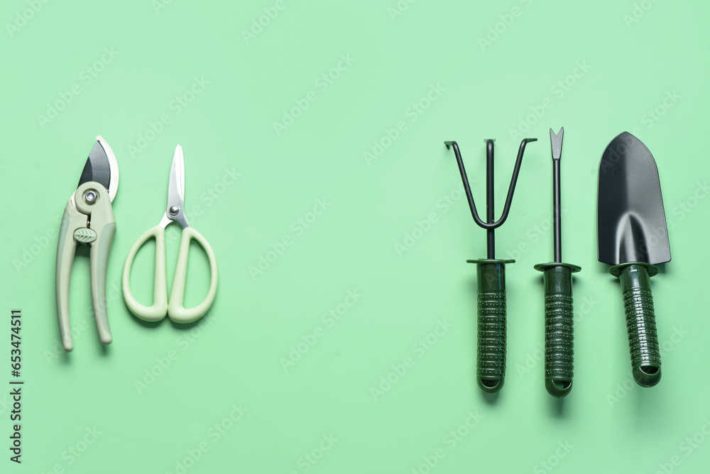 Set of gardening tools on green background