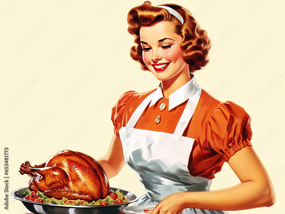 radiant 1950s hostess with a roasted thanksgiving turkey