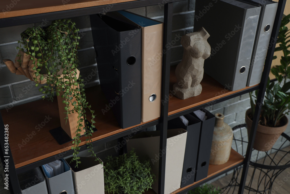 Shelf unit with document folders and plants in office, closeup