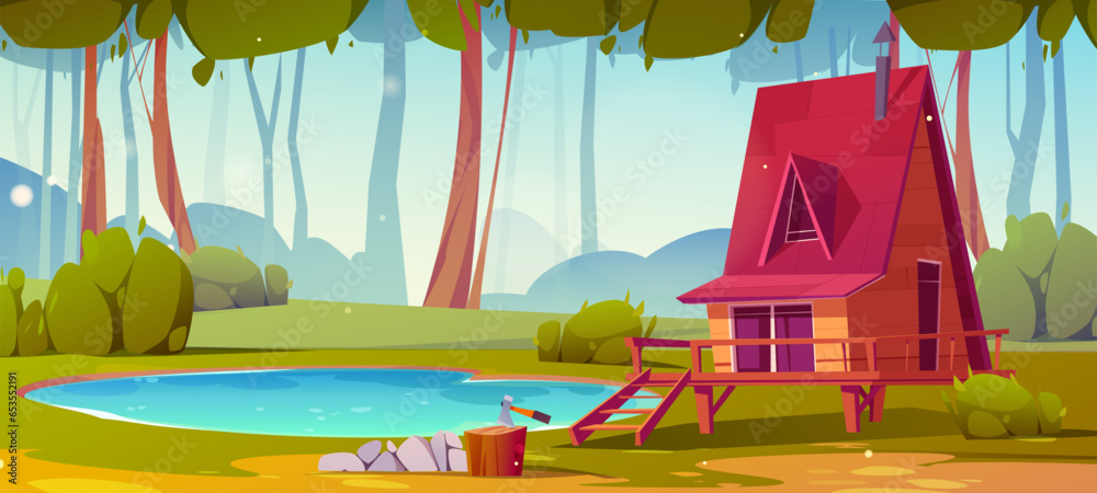 Hut on stilt near pond nature game vector background. Forest lake house building cartoon illustration scene. Shack apartment on green grass meadow. Beautiful summer cabin with porch and chimney