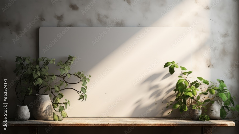 Old cracked plaster wall with Wisteria vine stems and Monstera leaves, Minimalist style.