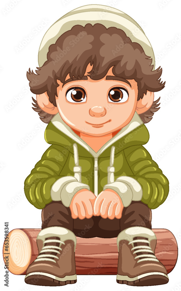 Cheerful Boy in Cartoon Hoodie Sitting on Wooden Log