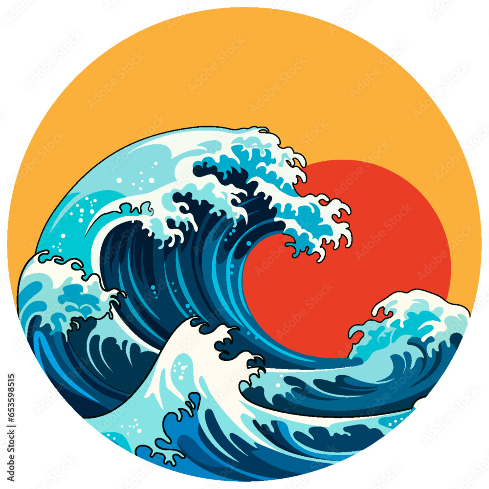 Japanese Wave Under Red Sun: Traditional Illustration Style