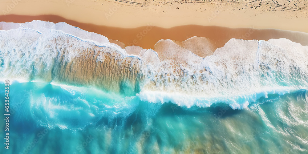 Top view oncoast with ocean waves. Blue water background. Summer seascape from air. Generative AI