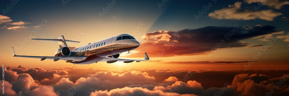 Luxury private jet flying above the clouds, beautiful sunset on background. Travel and airplane concept. Generative AI