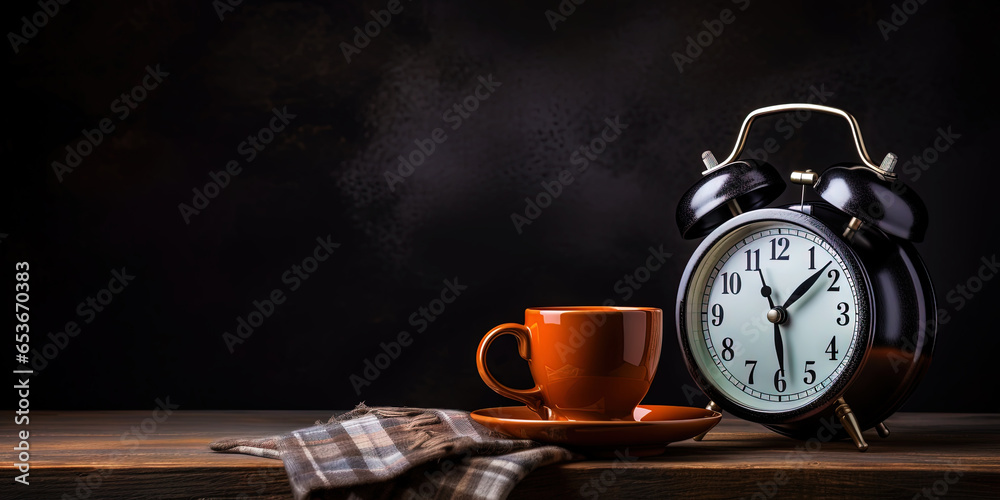 Vintage alarm clock and cup of coffee on the uniform dark backdrop with a copy space. Generative AI