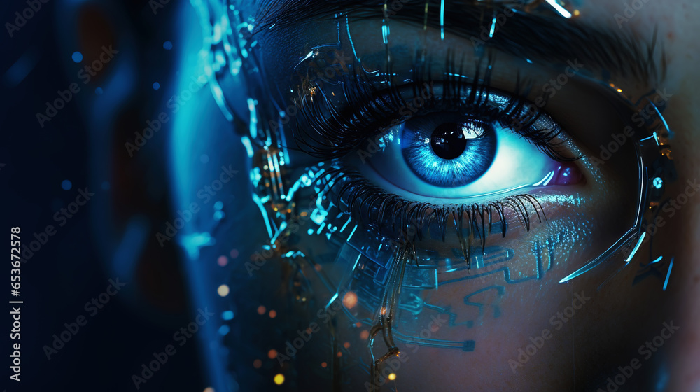 Female android robot eye close up. Digital iris of cyber woman. Bionic technology concept. Generative AI