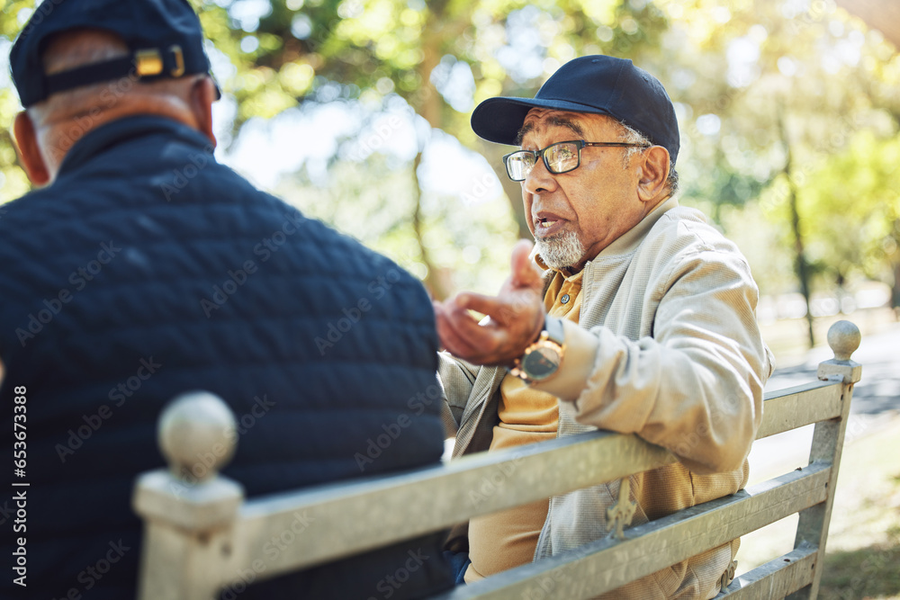 Elderly men, park and communication with friendship in garden, relax or reunion on bench in sun. Diversity, closeup and senior people with community for support, retirement and discussion on life