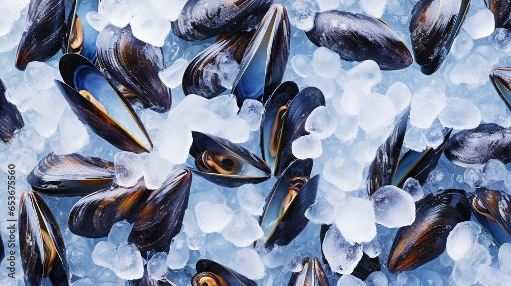 Raw Mussels on ice in the restaurant . Fresh seafood shellfish background. Generative AI