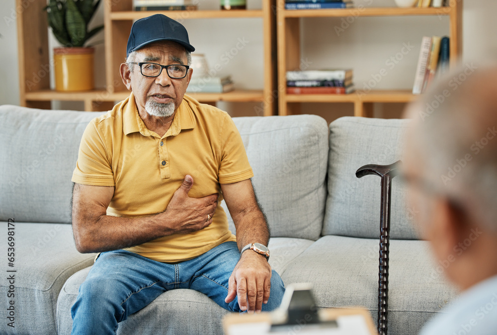 Consulting, doctor and senior man on sofa in therapy with walking stick for counselling discussion with checklist of pain. Elderly patent, talking and therapist for anxiety or mental health service