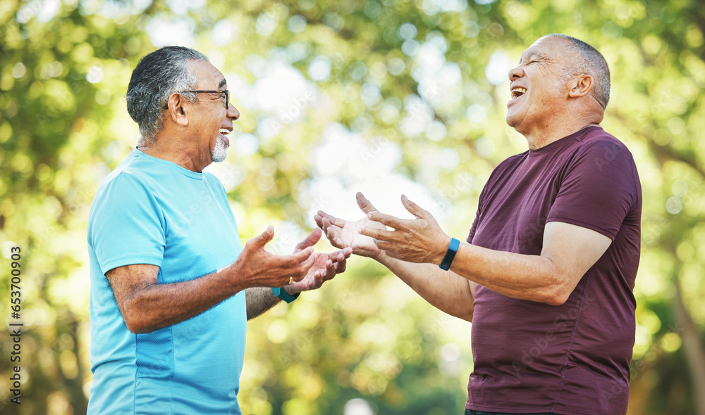 Fitness, talking and senior men in park for wellness, health and wellbeing in retirement outdoors, Friends, happy and mature people with smile, laugh and conversation for exercise, workout and sports