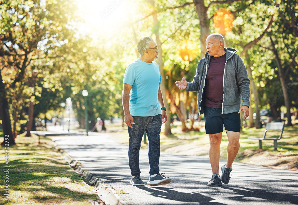 Conversation, walking and senior men in park for wellness, health and wellbeing in retirement, Friends, happy and mature people with smile, laugh and talk outdoors for exercise, workout and sports