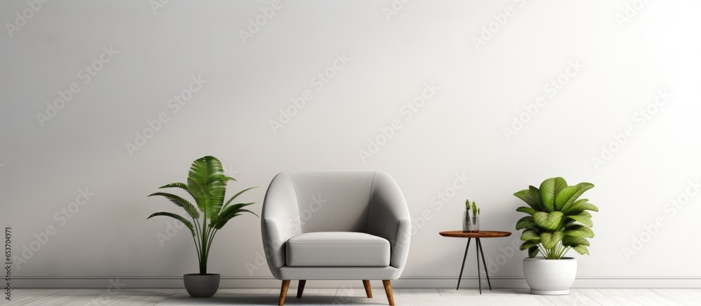 Contemporary interior design with minimalistic elements including gray furniture and a touch of vintage A cozy living room features an armchair a table with a potted plant and a round carpet