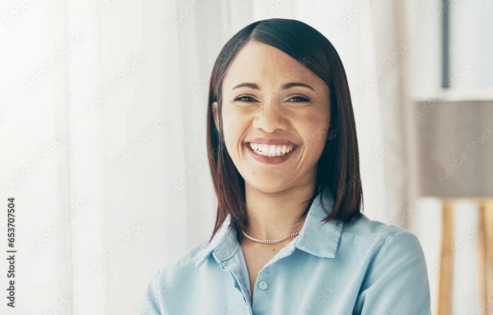 Happy business woman, face and portrait smile for career ambition, confidence or positive mindset at office. Excited young female person or employee in happiness, success or pride for job or startup