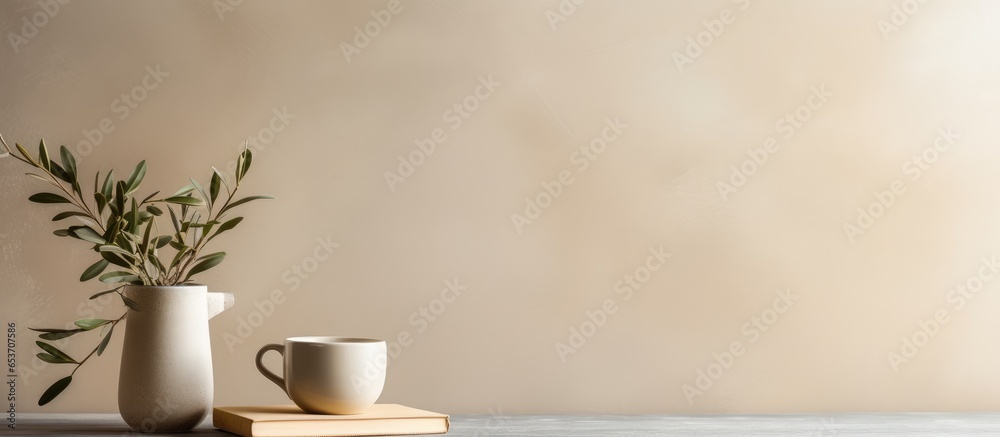 Minimalistic Scandinavian interior with an olive tree branch in a beige vase a brown cup of coffee tea and old books on a wooden table against a white wall background in the dining room crea