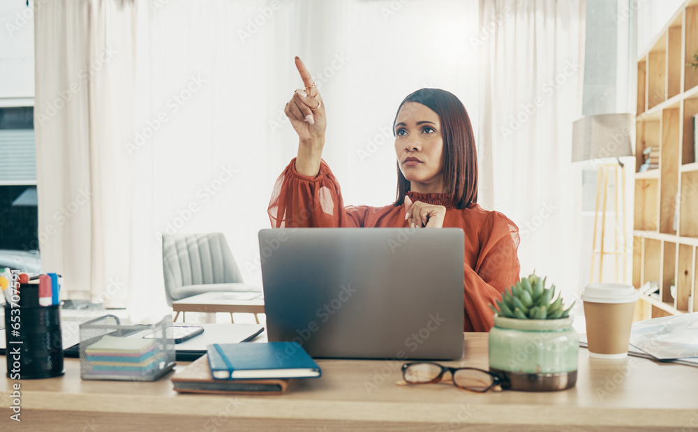 Pointing, invisible screen and business woman in office for user interface, 3d hologram and ux mockup. Futuristic, corporate and person at desk with hands for research, online website or digital tech