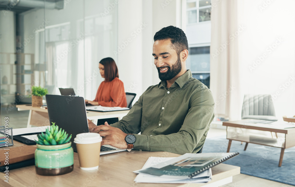 Happy businessman in home office, coworking with woman and working together at planning startup strategy online. Small business, couple at desk with laptop and research on website at digital agency.