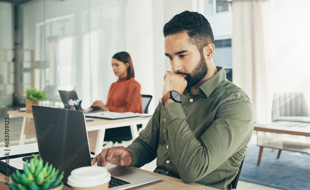 Business, thinking and man with ideas, laptop and problem solving with a startup, solution and planning. Person, employee and entrepreneur with happiness, pc and choice with connection and decision