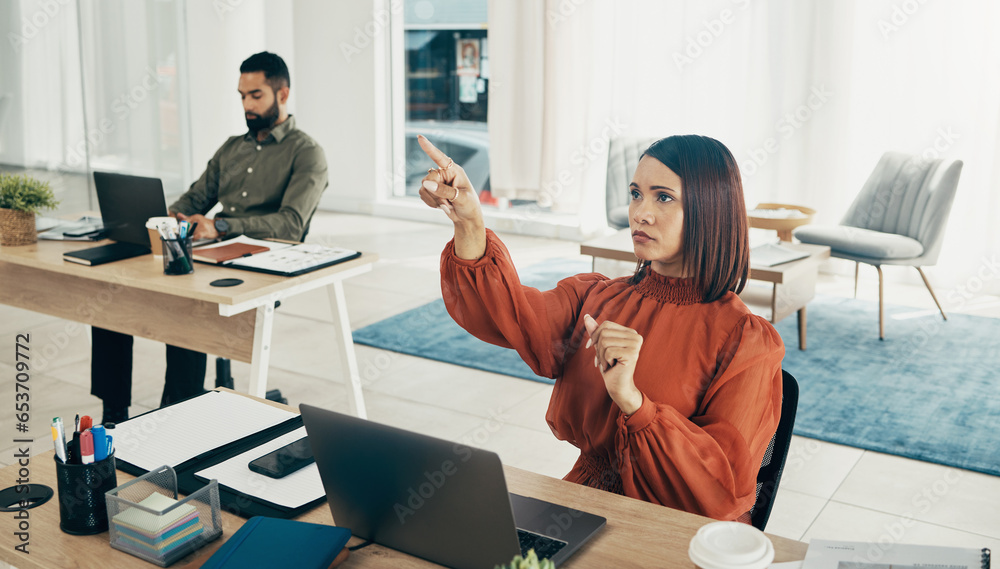 Finger, invisible screen and business woman in office for user interface, 3d hologram and ux mockup. Futuristic, corporate and person at desk with hands for research, online website and digital tech