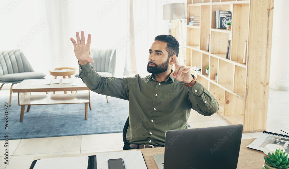 Man, office and hand up to ask for information, feedback and training with manager for project. Mexican man, communication and mentor with faq, professional knowledge and discussion on strategy plan