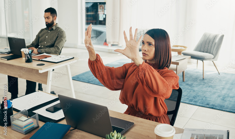 Invisible screen, laptop and business woman in office for user interface, 3d hologram and ux mockup. Futuristic, corporate and person at desk with hands for research, online website or digital tech