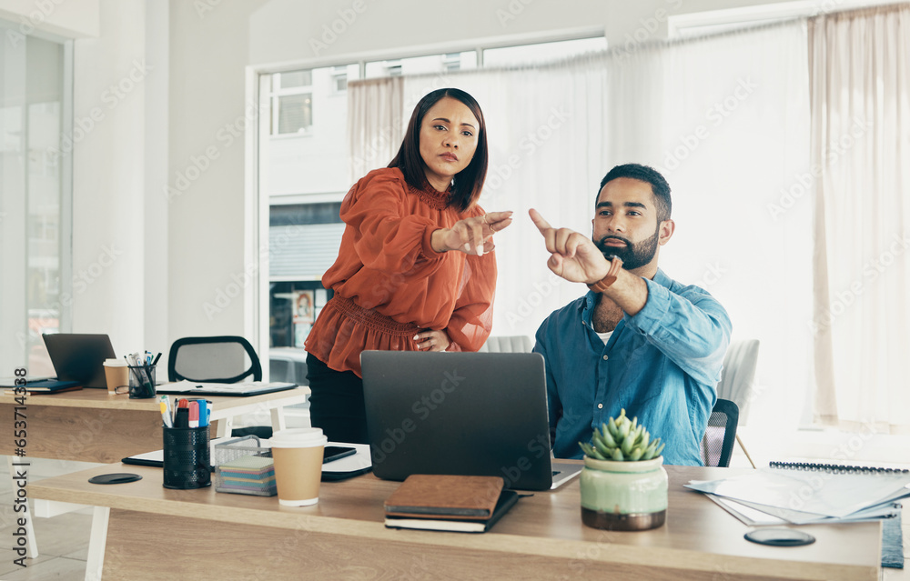 Team, invisible screen and business people press ui, futuristic and digital in startup office. Hands, man and woman click virtual touchscreen at desk on ux technology, scroll online and collaboration