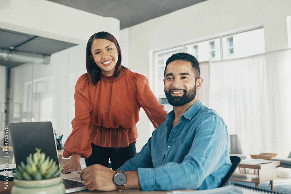 Portrait of happy couple in home office, working together and planning startup strategy online. Small business, man and woman at desk on laptop, smile and internet research project at digital agency.