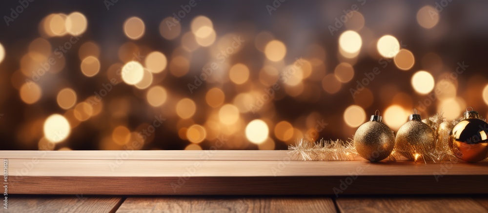 Christmas themed table with blurred kitchen in the background Festive bokeh adds a golden touch Perfect for product displays