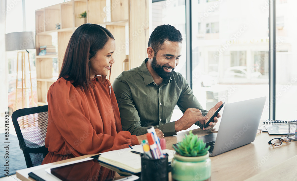 Man, women and work in office with cellphone with smile, social media and communication. Diversity, teamwork and friends with technology for review, chat group and manager feedback on project success