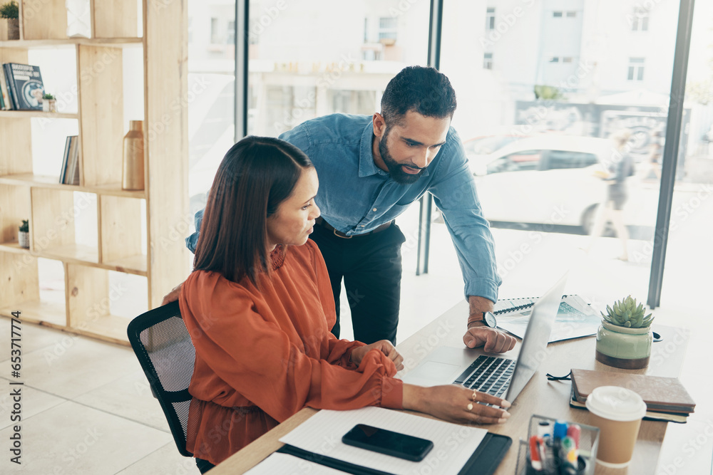 Laptop, research and couple in home office, working together and planning startup strategy online. Small business, man and woman at desk, networking on website and internet search at digital agency.