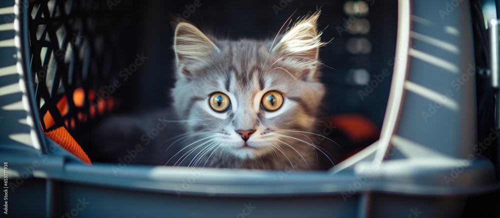 Adorable grey cat in carrier in car