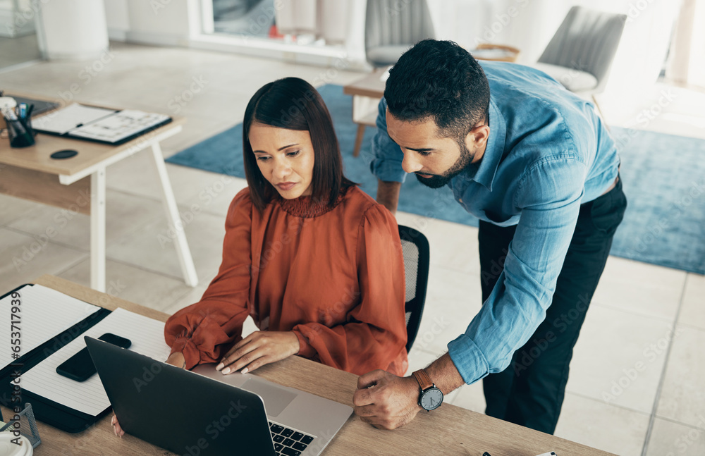 Employee, manager and office with laptop with creative director, above and feedback on project. Diversity, man and woman for consulting by technology, performance review and concern with job progress