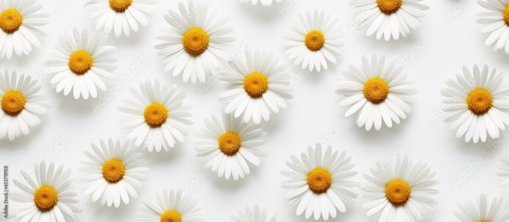 Chamomile flower s light shadows on white backdrop with delicate aesthetic