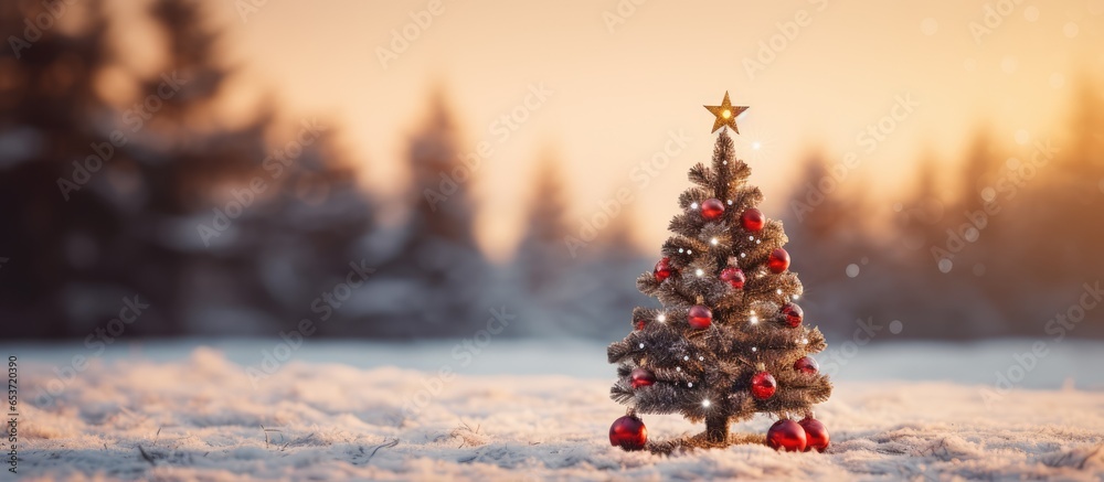 Christmas tree adorned outdoors with sparkling fairy lights in a festive setting