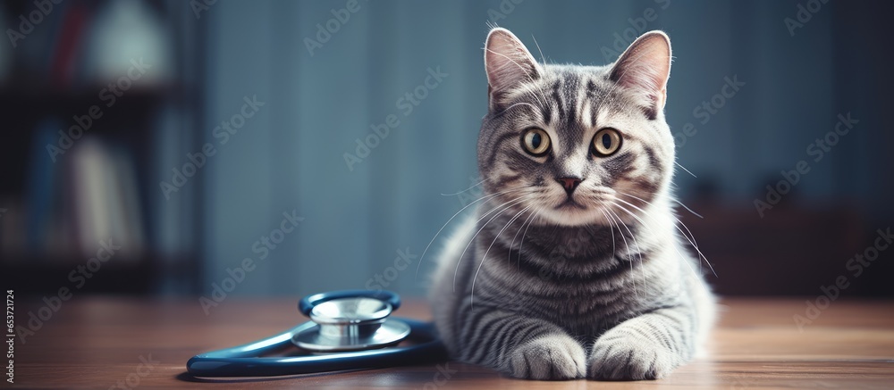 Close up of a British cat stethoscope and clipboard at a veterinary clinic representing the concept of animal medicine and healthcare