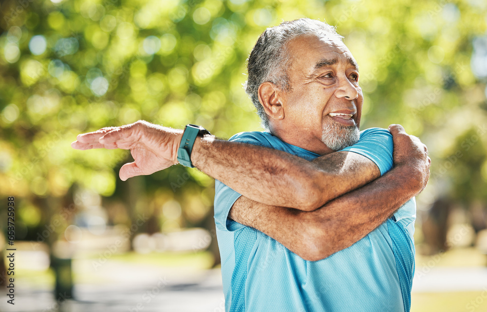 Senior man, smile and stretching at park in fitness for workout, training or outdoor exercise. Happy mature male person in body warm up or arm stretch for preparation, health or wellness in nature