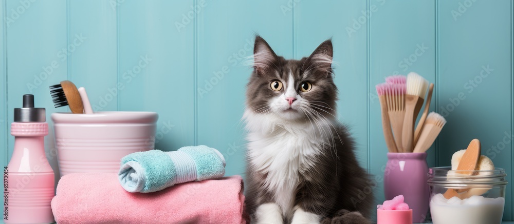 Adorable cat with oral care items at home